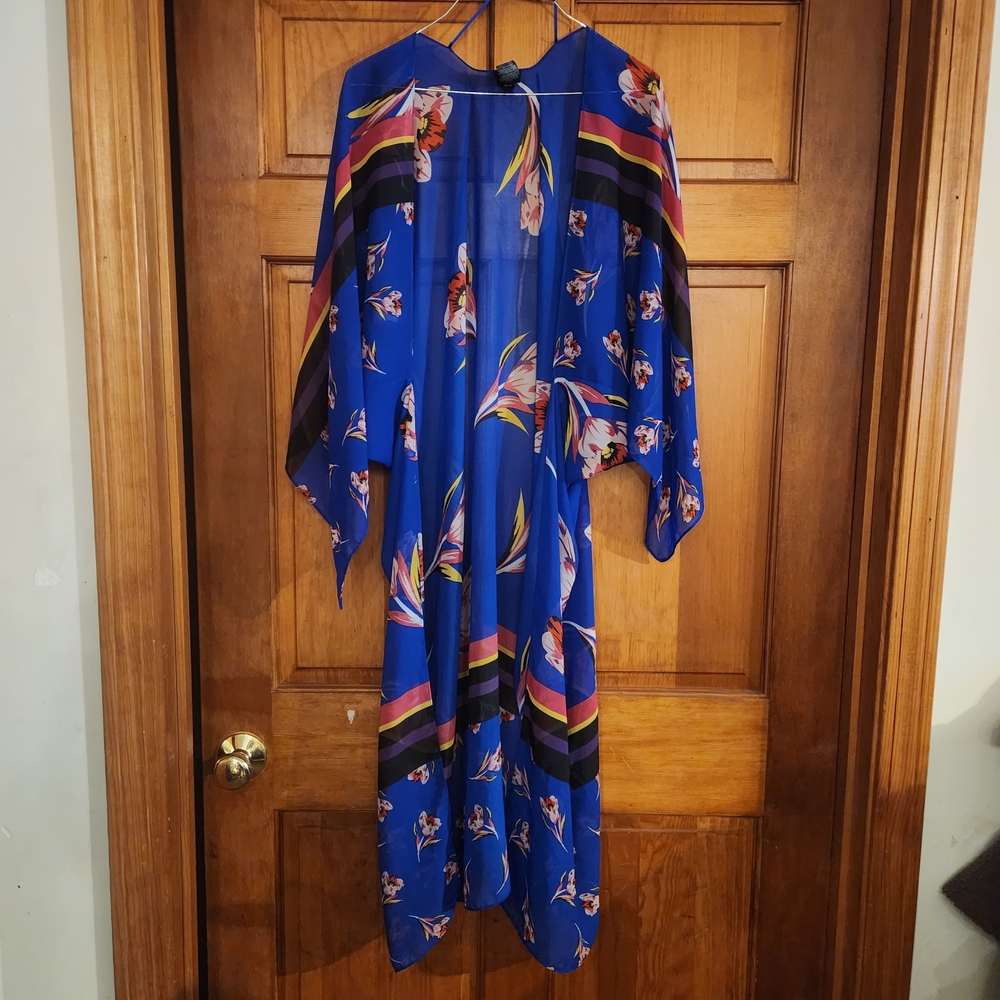 Express Royal Blue Floral Swim Coverup with Multicolor Stripe Trim
